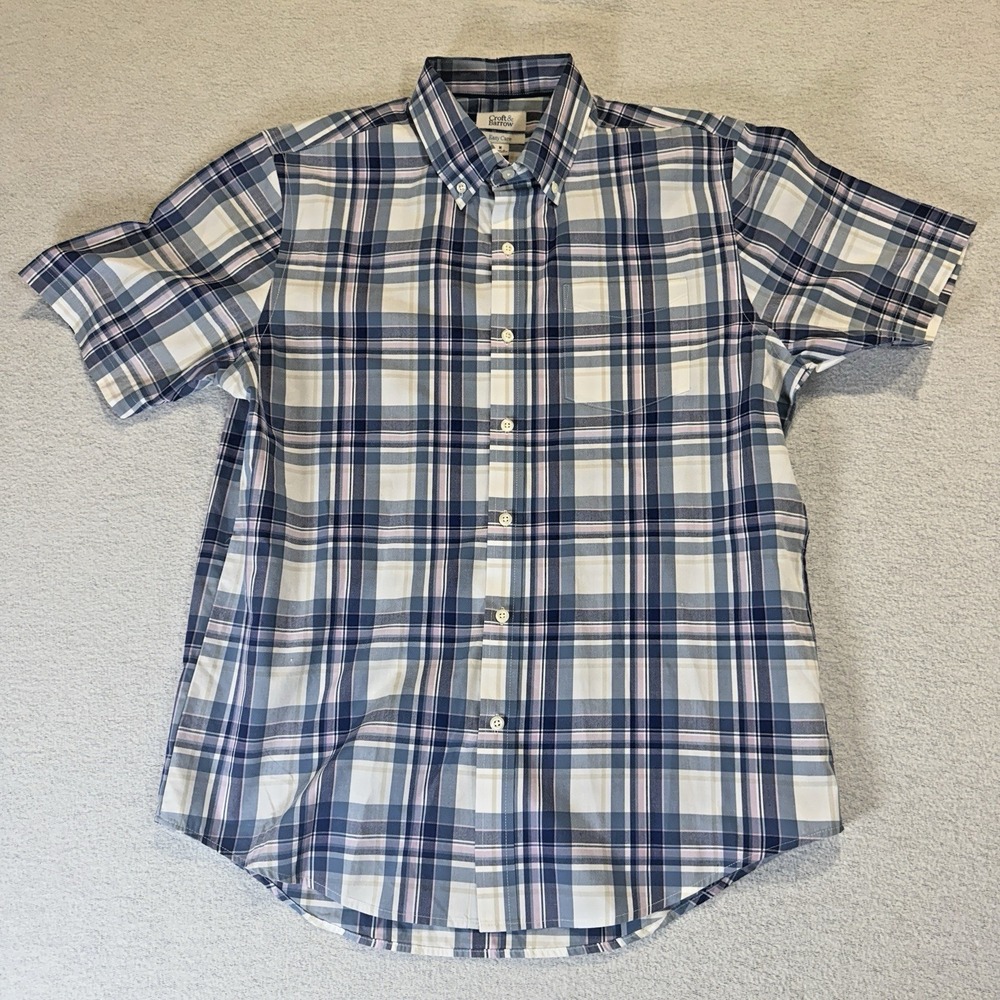 Croft & Barrow‎ Easy Care Men Blue Plaid Short Sleeve Button Shirt M Classic Fit